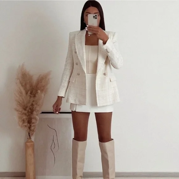 Zara Cream Tweed Double-Breasted Blazer Blogger Favorite Size: S - Picture 3 of 16